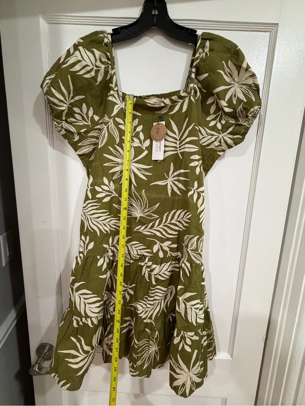 Olive Green Tropical Print Puff Sleeve Mini Dress NWT medium - Picture 8 of 11